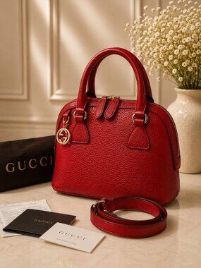 Authentic Gucci Bree Small Dome Bag Red Pebbled Leather Satchel Handbag